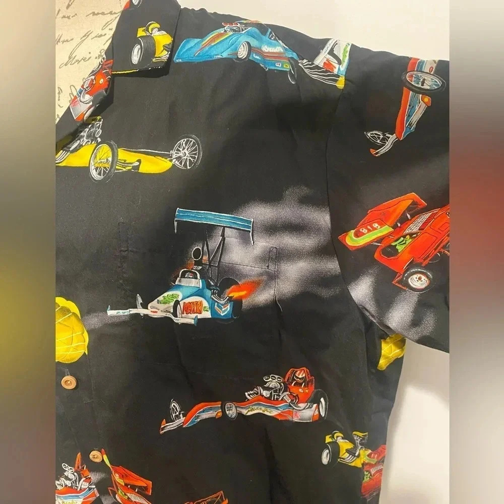 Paradise Found Hawaiian Shirt Dragsters Cars Black Rayon Size XL - Picture 2 of 7